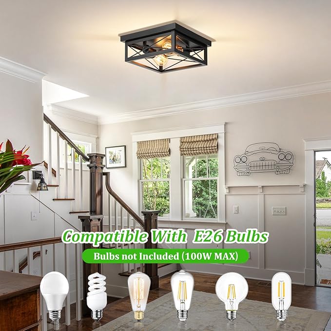 2-Light Farmhouse Ceiling Light Fixture, Industrial Square Flush Mount Ceiling Light, Modern Black Metal Hallway Ceiling Lighting Fixture for Kitchen Entryway Living Room Bathroom Porch