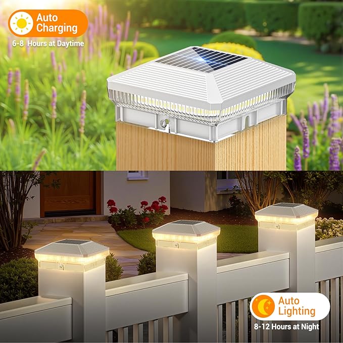 LETMY 6 Pack Solar Post Cap Lights Outdoor, 40 Brighter LEDs 4x4 Fence Post Solar Lights Outdoor with 3 Modes, Waterproof Deck Fence Cap Light Solar Powered for 3.5x3.5 4x4 Vinyl Wooden Posts (White)