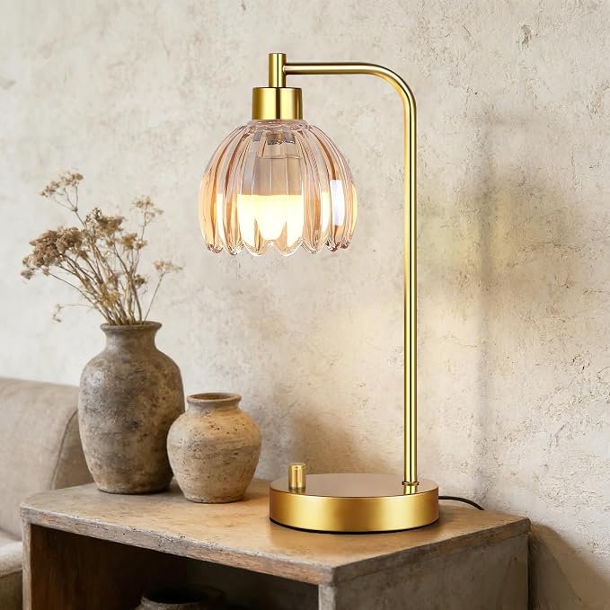 ILLMTW Glass Table Lamp Set of 2,Small Gold Bedside Lamps Dimmable Boho Bedroom Lamp with Tulip Flower Amber Lamp Shade,Vintage Mid Century Modern Mini Nightstand Lamp for Bedroom Living Room