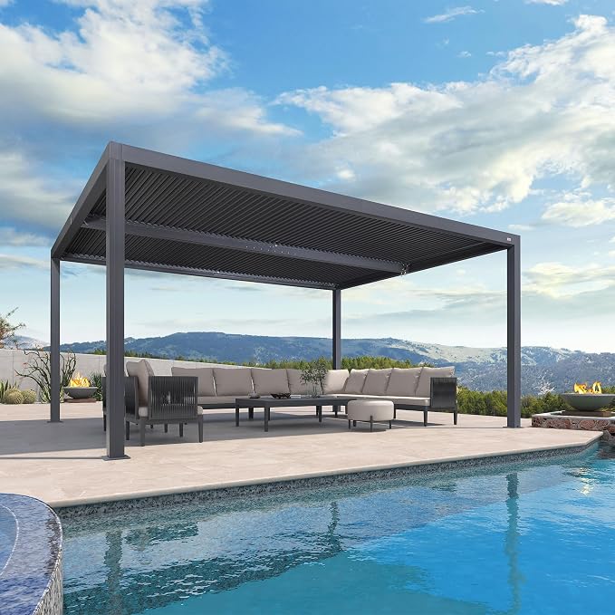 PURPLE LEAF Louvered Pergola 12' x 16' 94AS LED Strip Light 53mph Windproof | Rainproof System, Two Adjustable Roofs, 53Mph Wind, Zero-Rust Aluminum, Plus Hidden LED Ambient Lights.