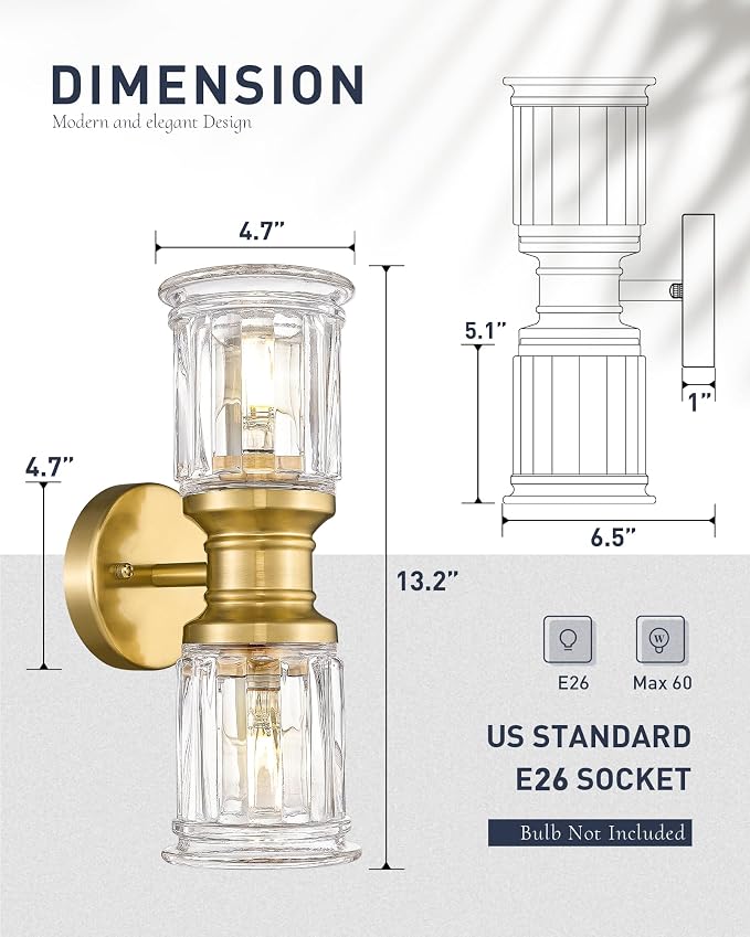 Gold Wall Sconces, HWH Single Wall Vanity Light Fixture for Bathroom Living Room Bedroom, Bathroom Wall Sconces with Bell-Shaped Clear Glass, Gold Finish, 5HZG106B-2W BG