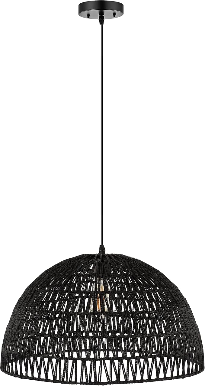 JONATHAN Y Campana 1-Light Pendant Dome Ceiling Lamp, 20", Black | Modern Coastal Farmhouse Decor, Adjustable Height, Woven Rope Metal Frame, LED Bulb Included, UL Listed