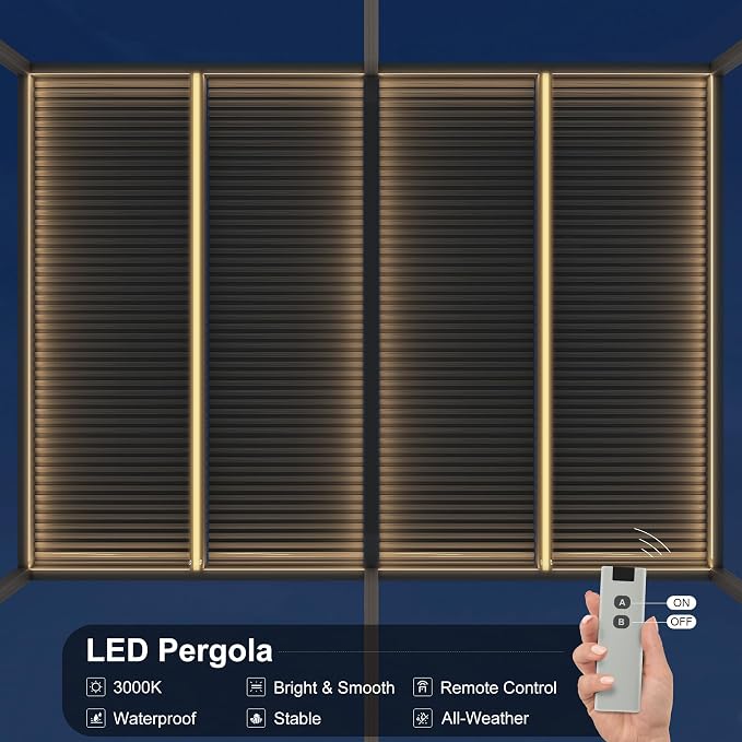PURPLE LEAF Louvered Pergola 14' x 20' 94AS LED Strip Light 53mph Windproof | Four Adjustable Roofs, Reinforced 5.12-Inch Beams, All-Aluminum Rustproof, Plus Hidden LED Lights, Multiple Size Options