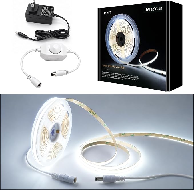 LED Strip Lights COB 16.4ft/5m Natural White 6500K, 24V Dimmable LED (Kit) | Super High Bright, Flexible COB Lights, 8mm Width Home DIY Decor & Office Commercial