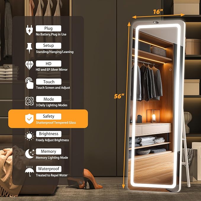 Hasipu Full Length Mirror with Lights, 56" x 16" LED Floor, Full Body Dressing Standing, Hanging Mounted Mirror, Round White