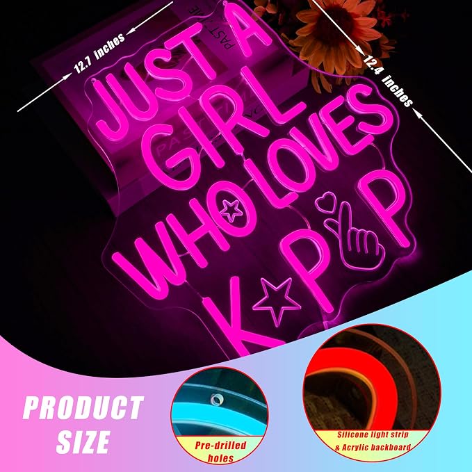 Kpop Neon Sign - Just a Girl Who Loves Kpop LED Light Dimmable USB Powered Neon Lights for Girls Room Decor, Teen Bedroom Aesthetic, Kpop Fan Gift, Korean Music Wall Art, Dorm Decor(12.7 * 12.4inch)