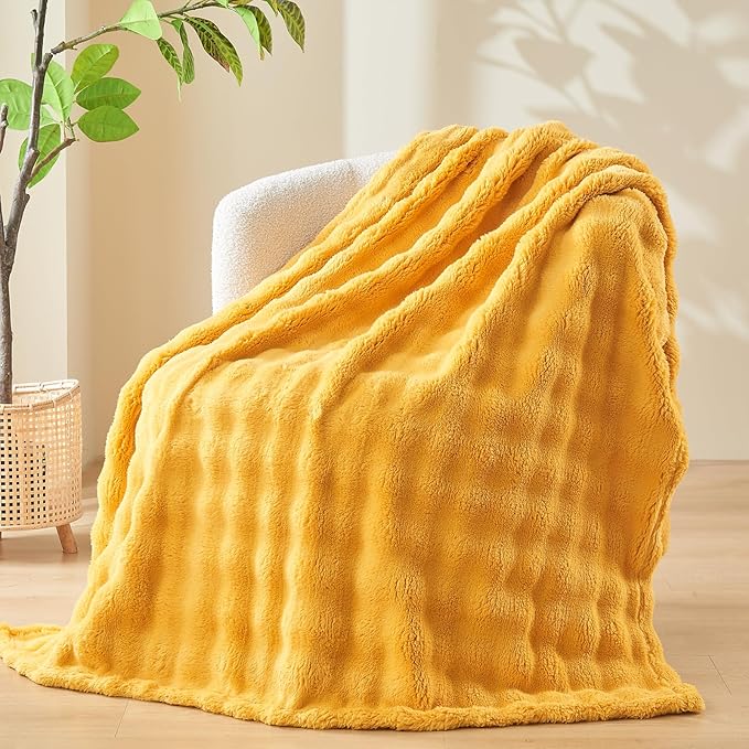 NEWCOSPLAY Twin Blanket for Couch Mustard Yellow Super Soft Flannel Fleece 3D Bubble Lightweight Bed Blanket All Season Use (Mustard Yellow, Twin(60"x80"))