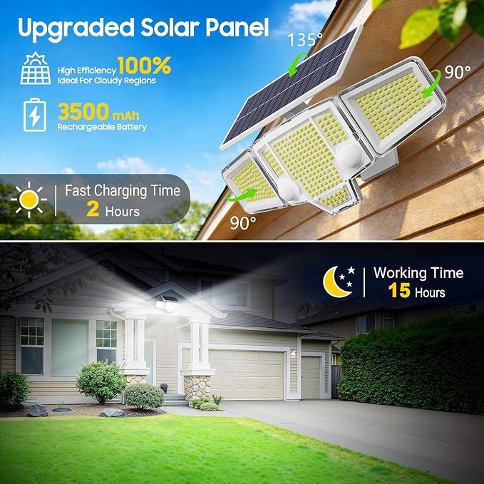 Solar Lights Outdoor White, 4000LM Solar Flood Lights with Dual PIR & Curved 300° Wide Beam, Larger 3500mAh Adjustable Solar Security Spot Lights Waterproof for Yard-4Pack