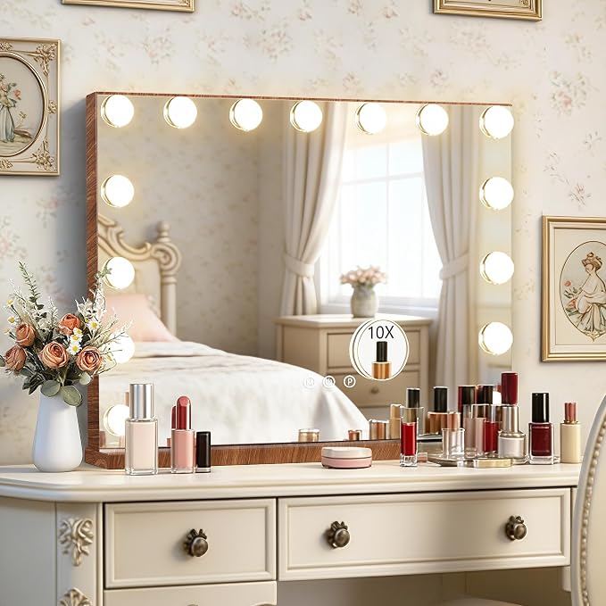 Ratsamee Wood Grain Hollywood Vanity Mirror with Lights, 15 Dimmable Bulbs, 3 Color Lights,Make Up Lighted Mirror, Aluminum Metal Frame, USB Charging Port（23" x 18"）