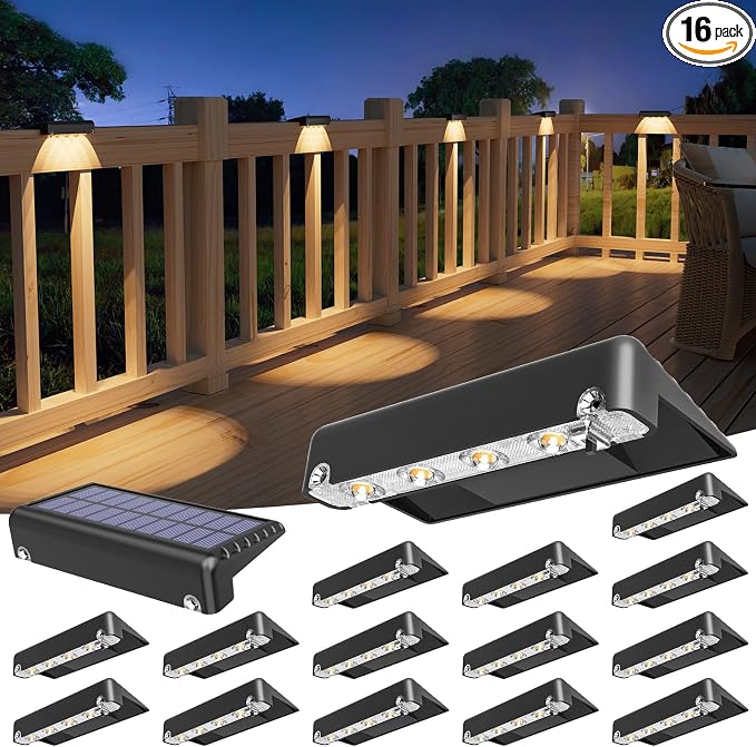 VOLISUN Solar Deck Lights 16 Pack, Bright Warm White Glow LED Large Size Lamp, IP65 Waterproof Step Lights Outdoor for Deck, Step, Fence, Railing, Wall and Stairs(Black)