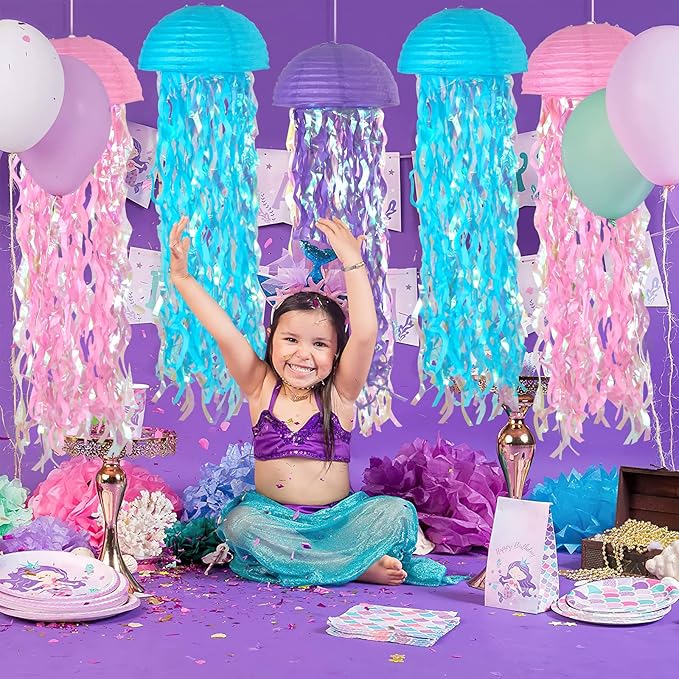 ADLKGG Pink Purple Blue Hanging Jelly Fish Paper Lanterns, Gradient Colorful Paper Lanterns for Mermaid Theme Party Under The Sea Ocean Birthday Decorations Baby Shower Baby Room