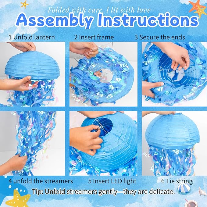 Jellyfish Paper Lanterns with LED Lights Set of 6, Blue Mix Dome Hanging Floating Decorations for Under the Sea Party Mermaid Birthday Ocean Classroom Beach Room Aesthetic