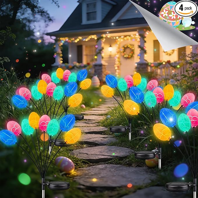 4 Pack 32 Led Solar Easter Egg Lights, Colorful Garden Swaying Firefly Lights Outdoor with 2 Lighting Modes, Waterproof Solar Stake Lights for landscaped Yards, Porches and Patio Easter Decorations