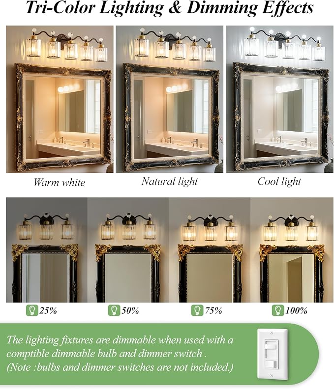 Black&Gold Bathroom Vanity Light Fixtures Over Mirror,4-Light Crystal Bathroom Light Fixtures,Vanity Light Fixtures Over Mirror,Wall Sconce with Clear Crystal Glass Shade, Kitchen, Living Room