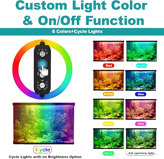 SEAOURA Submersible Aquarium Light for 12 to 23 Inch Fish Tank, 24/7 Cycle Fish Tank Light with Timer, Aquarium Plant Light with Full Spectrum+7 Single Colors, Auto On/Off, Adjustable Brightness