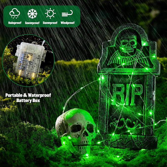 JMEXSUSS 2 Pack Green Halloween Fairy Lights Battery Operated with Remote | Total 200 LED 66ft Twinkle String Lights, 8 Modes, Waterproof, Halloween Lights for Wreath Mantle Tree Indoor Outdoor Decor