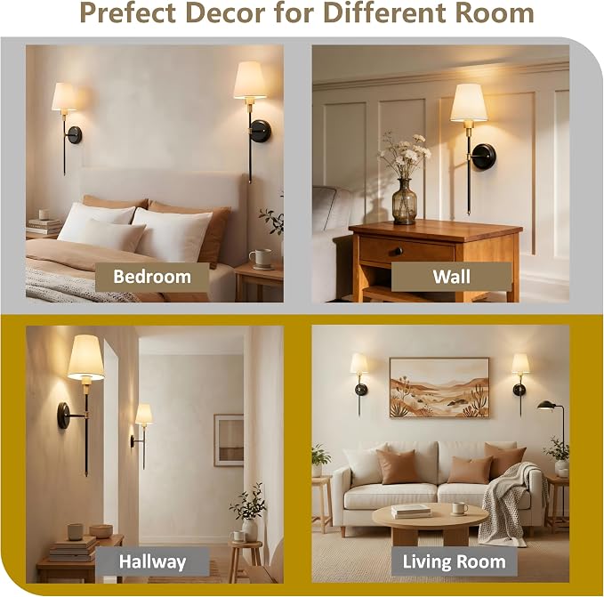 Battery Operated Wall Sconce: Set of 2 Wireless Wall Light 12000mAh | 15 Color Rechargeable Wall Sconces, Sconce Wall Decor Set of 2 for Bedroom, Living Room, Gold and Black, 24.6in