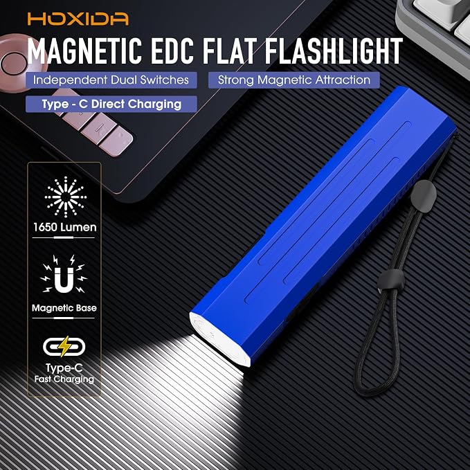 Hoxida Rechargeable EDC Flashlight High Lumens, Pocket Mini Flashlight with Tactical Strobe Button, Portable Magnetic Small EDC Flat Flashlight for Camping, Emergency,1pcs Blue