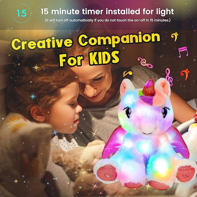 Hopearl LED Musical Stuffed Unicorn Adorable Lighting Up Singing Plush Toy Adjustable Volume Lullaby Animated Soothe Birthday Festival for Kids Toddler Girls, White, 11''