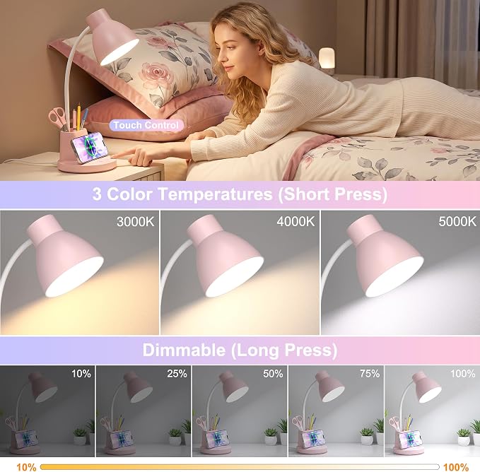 10W Wireless Charging LED Desk Lamp with Pen Holder, CRI 95, Pink | 800LM, 3 Modes, 360°Flexible Arm, Touch, Brightness, Table Lamp for Home Office, Dorm, Bedside, Study, Reading, with Adapter
