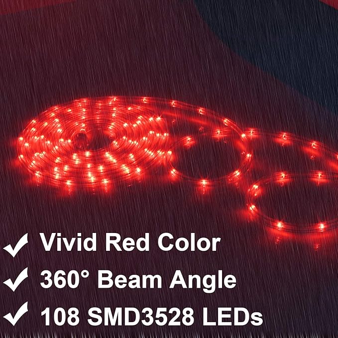 Rope Lights, 16Ft Waterproof Connectable Strip Lighting Red, Indoor Outdoor Mood Lighting for Home Christmas Holiday Garden Patio Party Decoration