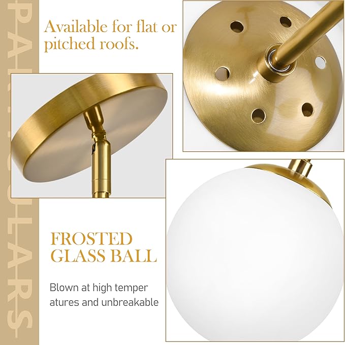 6" Globe Pendant Light Gold 2 Pack Mid Century Pendant Light Globe Pendant Lights Kitchen Island Brushed Brass Finished with Milk Glass Adjustable Ceiling Light Fixtures for Dining Room Bar