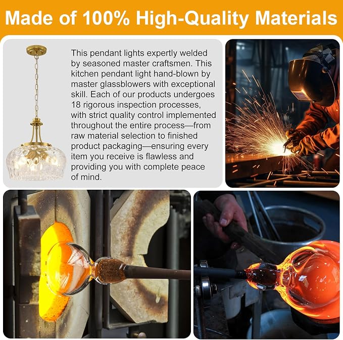 Modern Pendant Lights Kitchen Island, 3-Light Gold Pendant Light Fixtures with 14.2" Clear Hammered Glass Shade, Industrial Hanging Pendant Lights Fixture for Kitchen Island, Dining Room, Entryway