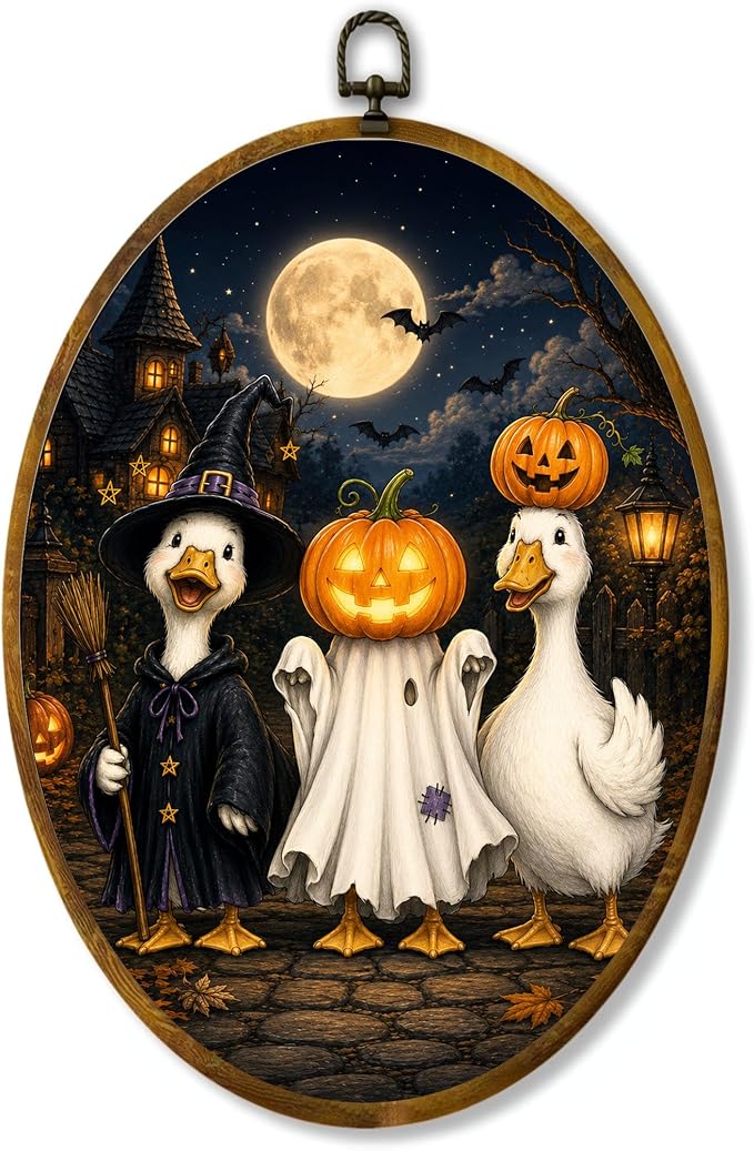 Halloween Duck Oval Wall Art, Framed Canvas Decor, 8.5x11.5 Inch | Halloween ducks in witch and pumpkin costumes, full moon haunted house decor