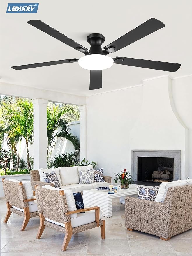 LEDIARY 60 Inch Flush Mount Ceiling Fans with Lights, Remote & APP Control | 3CCT,Stepless Dimmable,Memory Function,Timer,6-speed,Reversible Blade, Quiet DC Motor, Damp-Rated, Living Room, Covered Patio