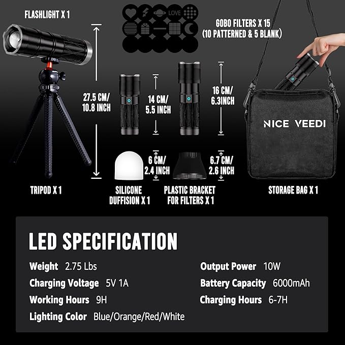 NiceVeedi 4-Color Handheld Photography Lighting Kit with 15 GOBO Filters & Tripod, 6000mAh Rechargeable Photography Flashlight with Diffusion, Zoomable Lighting for Video Recording/Sunset