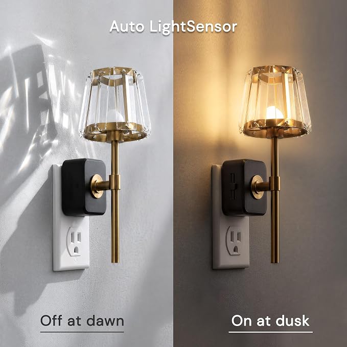L LOHAS LED Night Lights Plug into Wall,Crystal Acrylic Decor Night Light | Dusk to Dawn Sensor Nightlight with 180° Rotating, Round Platform ,0-100LM Dimmable, for Bedroom Living Room Hallway