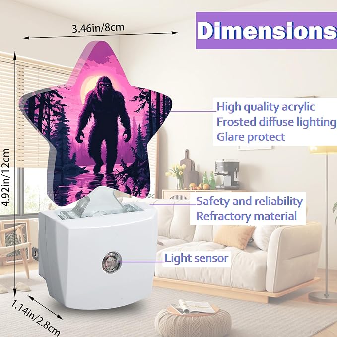 Bigfoot Night Light for Kids,Purple Forest Night Lights Plug Into Wall, Lightweight Dusk to Dawn Light Sensor Warm Nightlights for Girls Boys Bedroom Nursery Basement