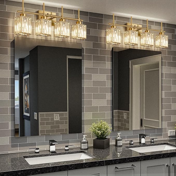 Torondo Modern Crystal Bathroom Vanity Light 4-Lights Brushed Gold Bathroom Light Fixtures Over Mirror Brushed Gold Vanity Lighting Fixtures Square Shade Brass Wall Sconce (Bulbs Not Include)