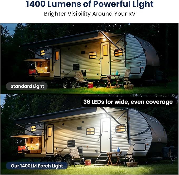 RV LED Porch Light, Exterior Outside Lighting for Camper Trailer | Aluminum Housing, Dual Color White Amber, 1400 LM High Brightness, IP67 Waterproof, Works with RV's Interior Switch- Black