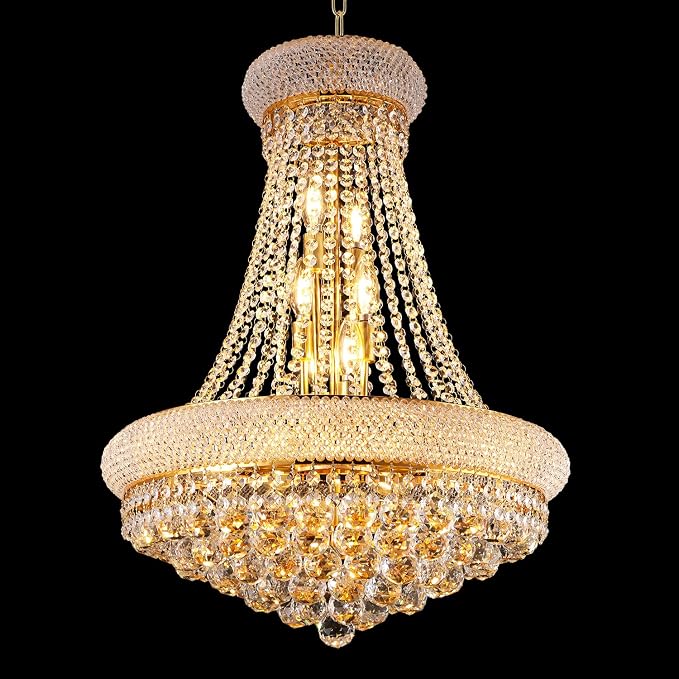 22" W 12-Light Luxury Entrance Chandelier with Unique Empire K9 Crystal Design for High Ceilings, Perfect for Living Rooms and Entryways (Gold)
