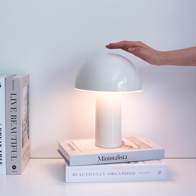 Brightech Celia Table Lamp – 10" Touch-Controlled Mushroom Small Lamp, Cordless & Dimmable LED, Portable Bedside Night Light, Sustainable Mood Light, Recycled Modern Patio Lamp for Home Décor – Cream