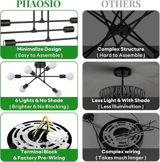Black Sputnik Chandelier 6 Light, 22" Mid Century Modern Ceiling Light Fixture, Industrial Semi Flush Mount for Dining Room Bedroom Kitchen, E26 Base