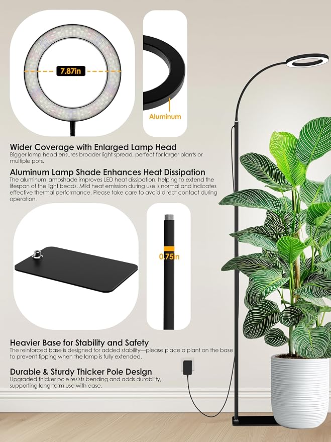 24W Grow Lights for Indoor Plants, Full Spectrum LED Plant Light With Stand | Dimmable, 3 Lighting Modes, 23"-79" Adjustable Height, Plant Growing Lamp with 3/9/12/16H Timer, Black Single Head Floor Lamp