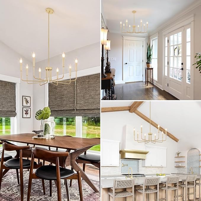 Gold Chandelier, 8-Light Farmhouse Chandeliers for Dining Room, Gold Candle Chandelier Light Fixtures for Kitchen, Living Room, Foyer, Entryway