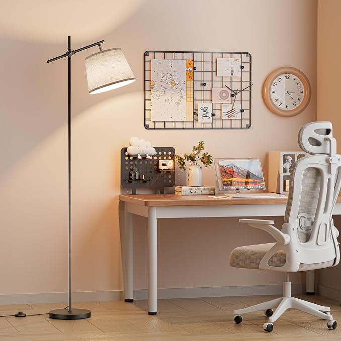 Floor Lamp with Linen Shade, Dimmable Tall Standing Lamp with Remote Control & 3 Color Temperatures Bulb, Modern Swing Arm Floor Lamps for Living Room Bedroom Office Corner