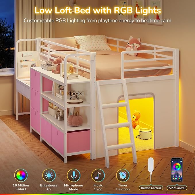 Low Loft Bed Twin Size with Desk, 6 Storage Drawers & Bookshelf, Kids Loft Bed with LED Lights & Under-Bed Play Space, Heavy Duty Metal Bed Frame with 13.8"H Safety Guardrail & Ladder, White and Pink
