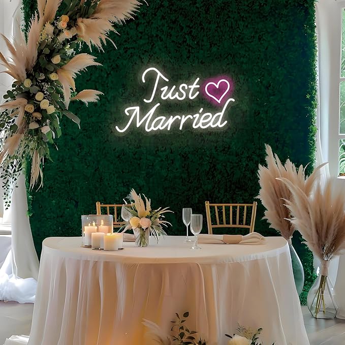 Just Married Neon Sign for Wedding Decor, Just Married Sign Wedding Ceremony Backdrop Decorations Gift for Reception, 16.5 x 9.4 inch