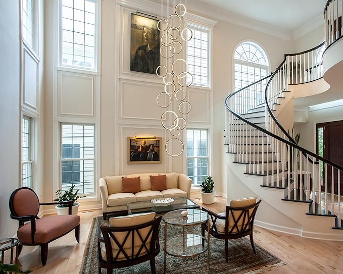 20 Rings Modern LED Chandelier for High Ceiling Dimmable Gold Contemporary Foyer Long Chandelier for Entryway, Long Pendant Light Fixture Staircase Dining Living Room, 3000-6500K
