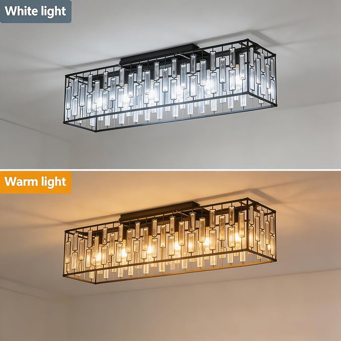 Garwarm 6-Light Crystal Flush Mount Ceiling Light, 38.7" Black Rectangle | Crystal Modern Chandelier Rectangular Dining Room Light Fixture for Low Ceiling, Kitchen Island, Living Room, Foyer, Entryway