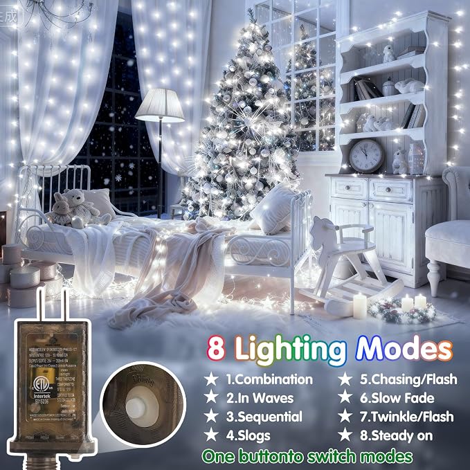 KNONEW 203FT 600LED Green Wire Outdoor Fairy Lights Plug in Cool White Xmas | Timer,Memory,Dimmable,Remote,Waterproof,Green Wire,Invisible in Greenery,for Garden,Wedding,Party, Indoor/Outdoor, Christmas