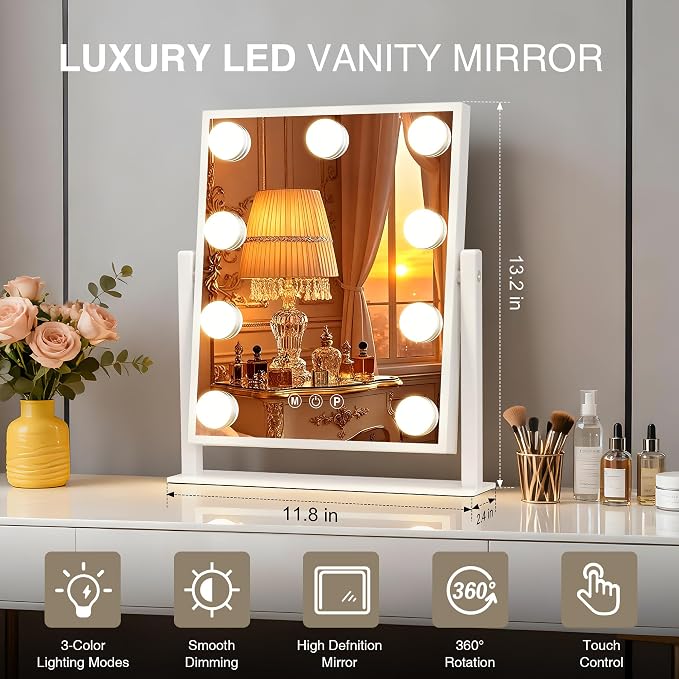 Makeup mirror with lights,Hollywood Vanity Mirror with 9 LED Bulbs，12" x 13.2" Plug in Makeup Mirror for Desk,Smart Touch Control 3Colors Dimmable, light up mirror for makeup,Bedroom,Tabletop,White