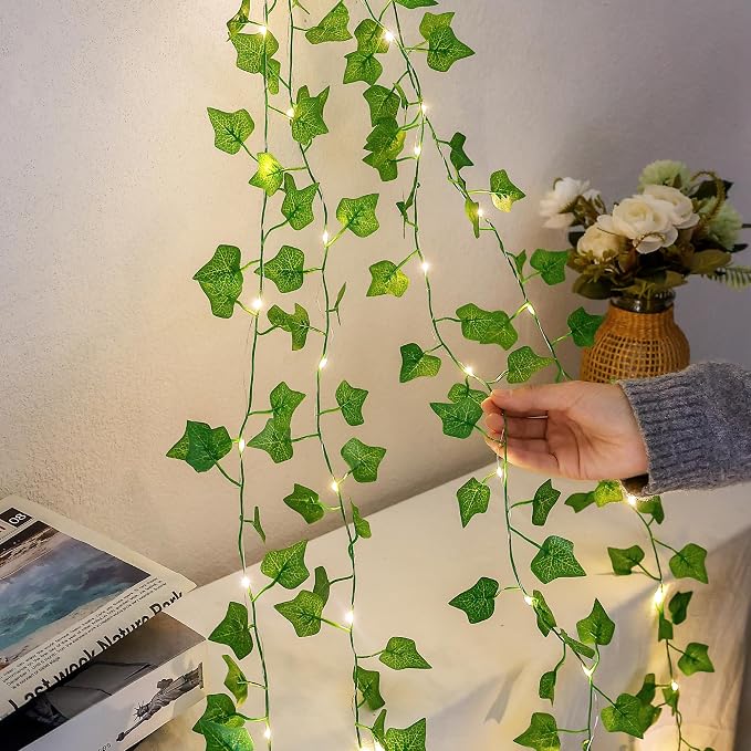 HEYFUNi Ivy Vines with Lights with Remote, 13 Ft 40LED | Artificial Green Leaf String Lights USB/Battery Operated, Fake Vines for Bedroom Wall Aesthetic, Dorm, Room Decor, Warm White