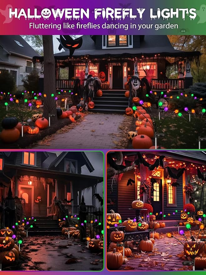 Halloween Decor Outdoor Solar Firefly Lights 6PK 48 LED Orange Purple Green | 2 Lighting Modes, Memory Function and Auto On/Off, Sway with Wind, Waterproof Halloween Decor for Outside Horror Party Garden