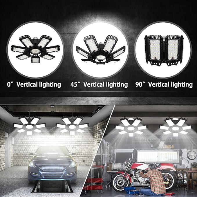 2 Pack LED Garage Light, 240W 24000LM 6500K LED Shop Lights, Garage Lights Ceiling Led with 7+1 Deformable Panels, E26/E27 Bulb Socket Lighting for Shop, High Bay, Attic, Basement, Warehouse