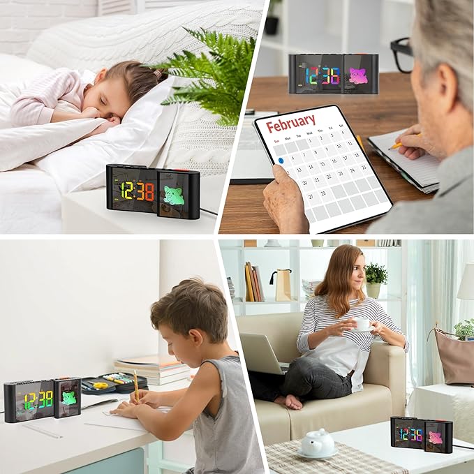 Alarm Clock,Alarm Clocks Bedside with Cute Cartoon,7.2''Large Mirror Clock,11 Colors Digital,10 Color RGB Cartoon,Week Display,Auto Dimming,Dual Alarms,USB Port,5 Levels Volume for Bedroom Table Decor